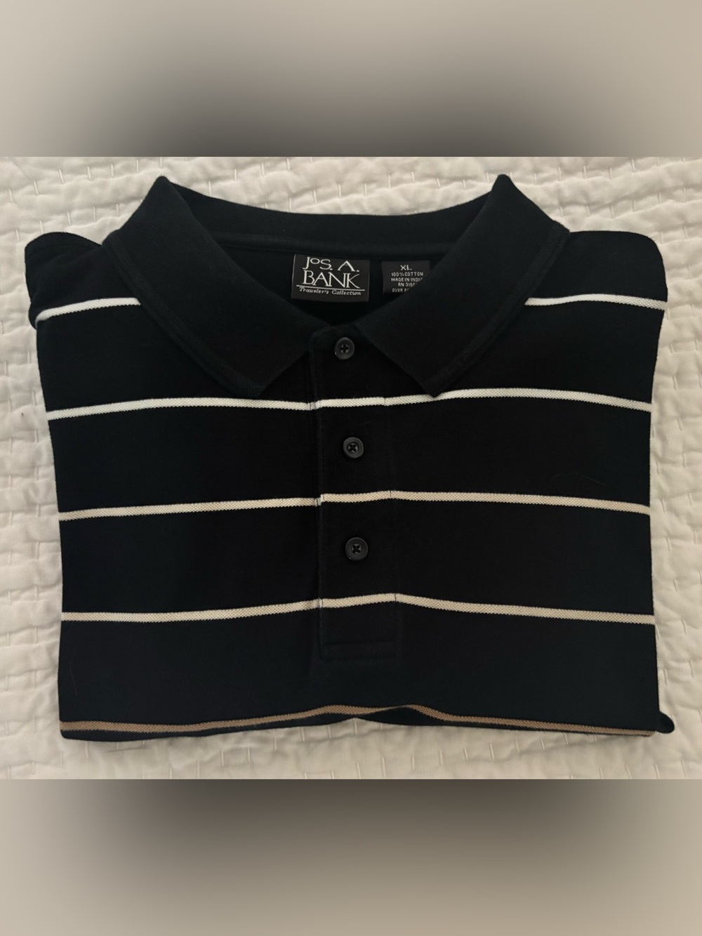 Men's Black Jos. A. Bank Long-Sleeve Stripe Polo with Cream/Tan/Brown Stripes